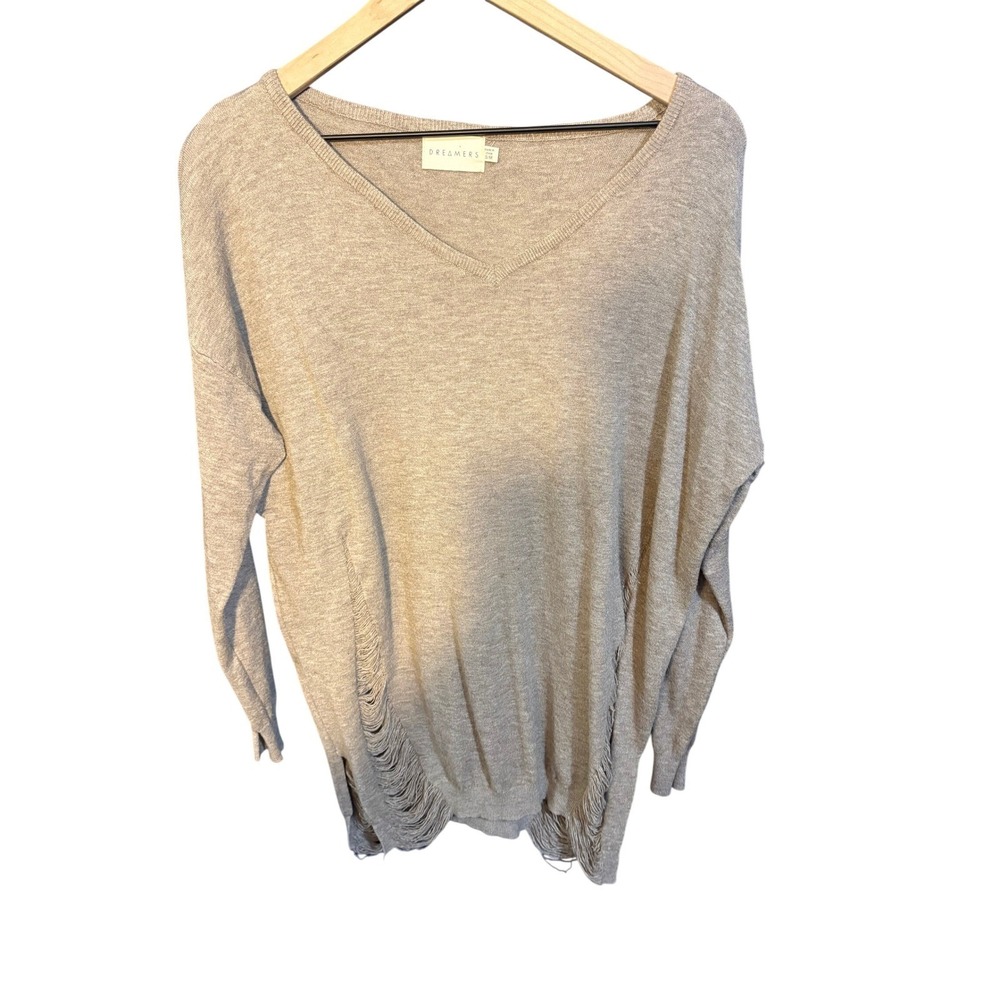 Dreamers by Debut V-Neck Distressed Shredded Hem Sweater Oatmeal Beige S/M